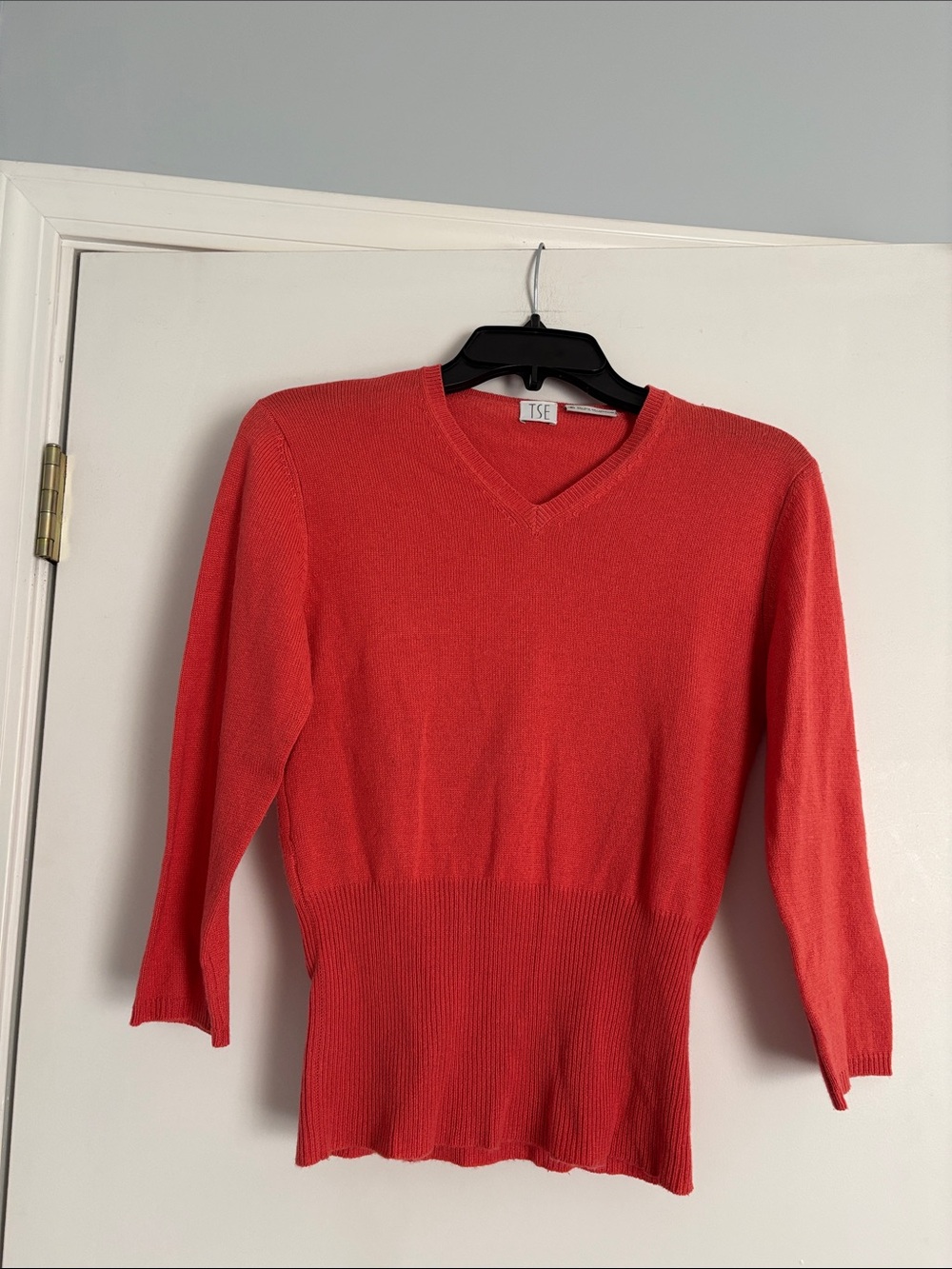 TSE Coral-Red V-Neck Ribbed Waist Sweater
